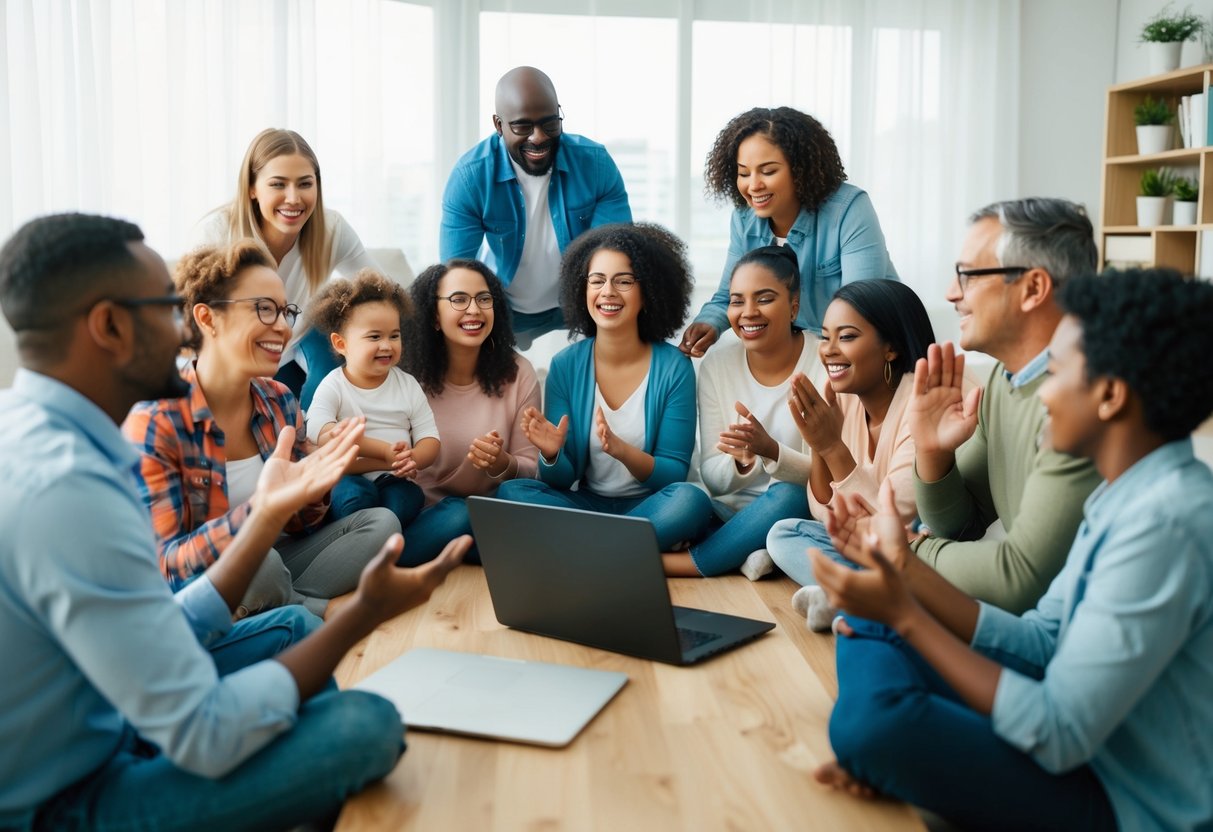 A diverse group of parents gather in a virtual space, sharing stories and advice. Emotions range from joy to frustration, creating a supportive atmosphere