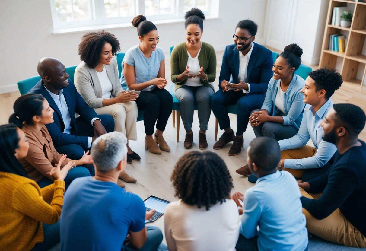 A diverse group of parents gather in a virtual circle, each engaging in conversation and offering support to one another