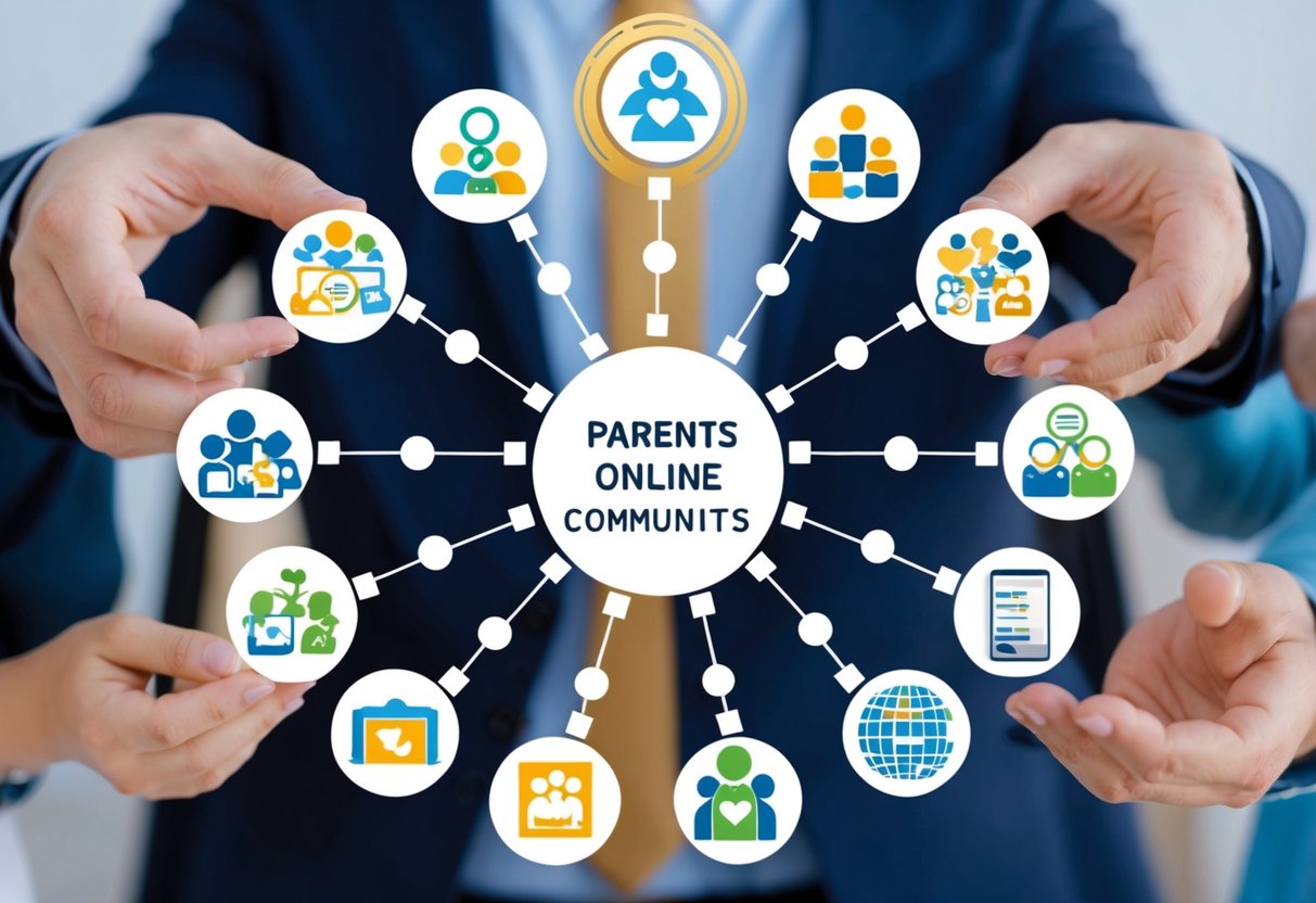 A group of diverse icons representing different online communities gathered around a central hub, each symbolizing support for parents