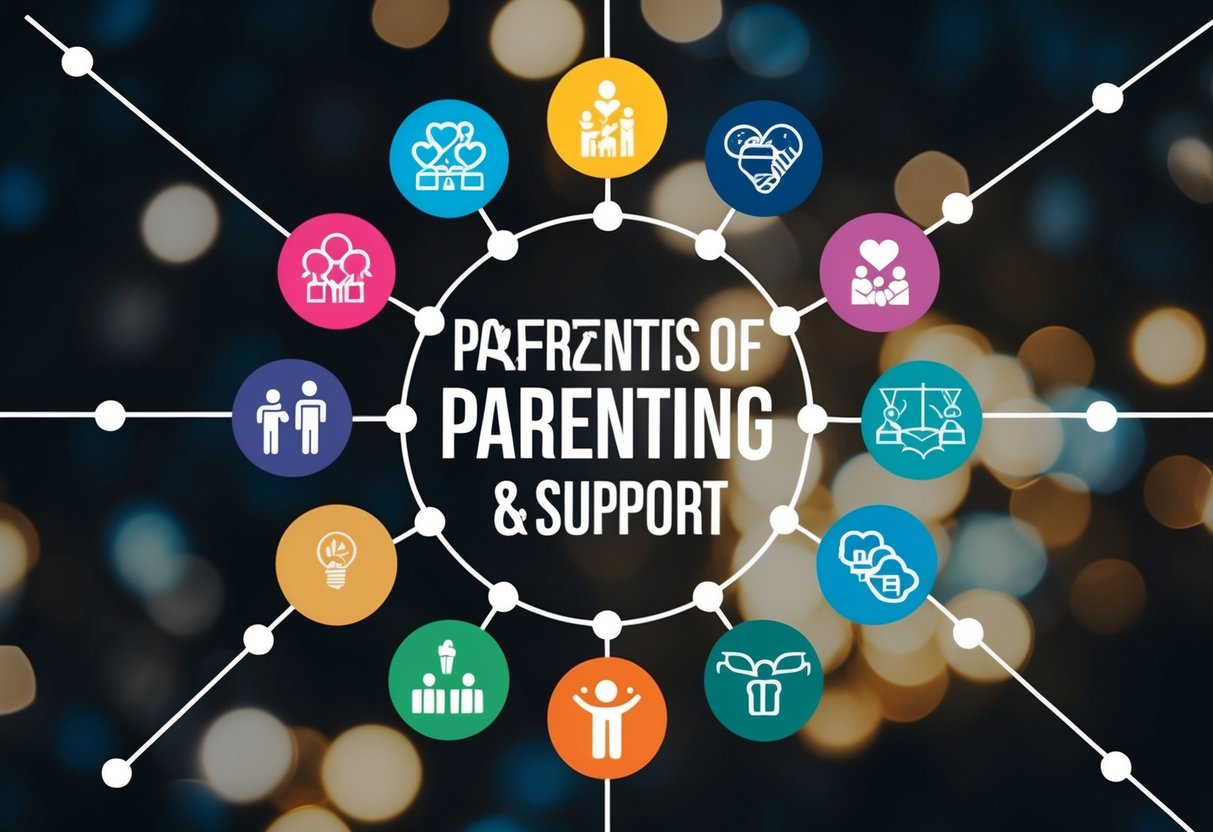 A group of diverse symbols and icons representing different aspects of parenting and support, arranged in a circular pattern with connecting lines