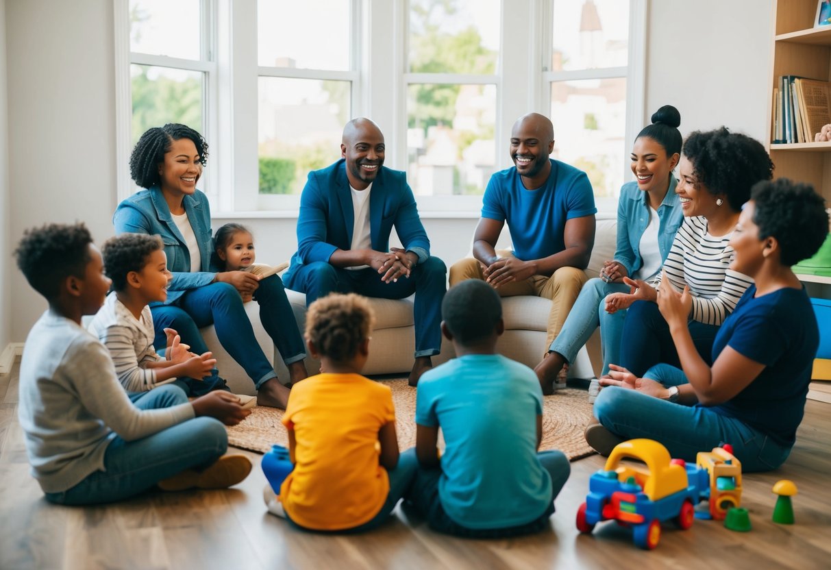 A group of diverse parents sit in a circle, chatting and laughing while their children play nearby. Some parents are exchanging advice, others are sharing stories and offering support