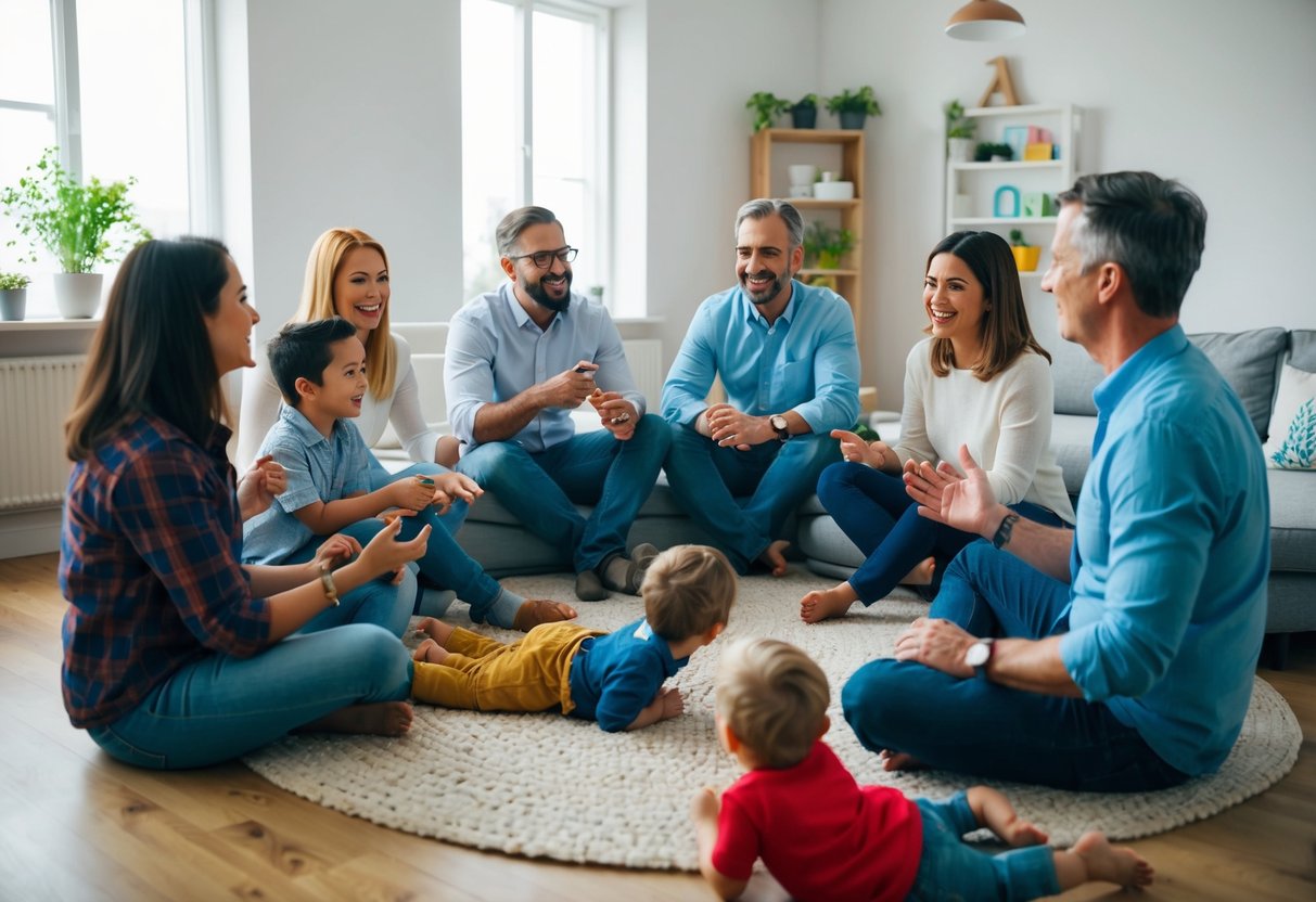 A group of parents sitting in a circle, chatting and laughing while their children play nearby. They are sharing advice and supporting each other