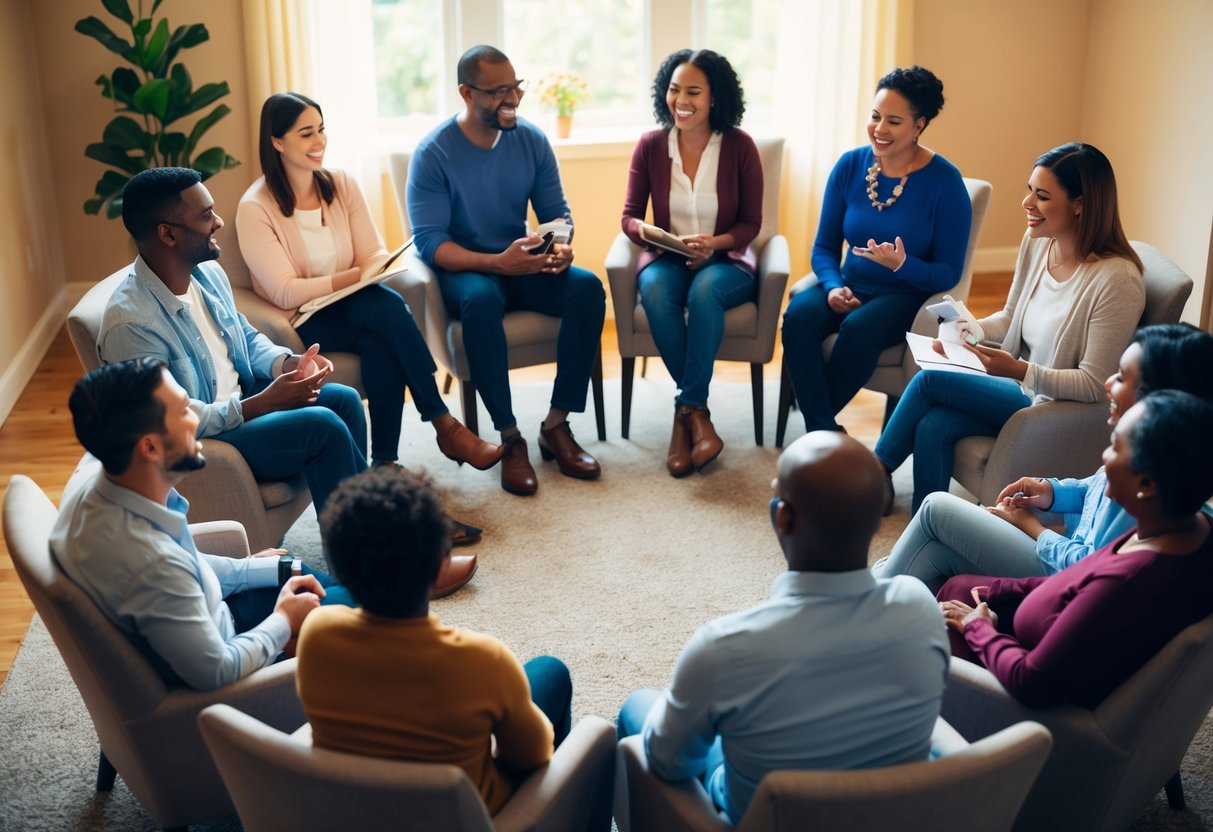 A group of parents gather in a circle, sharing stories and laughter while attending a parenting workshop. They sit on comfortable chairs in a warm, inviting room, forming connections and offering support to one another