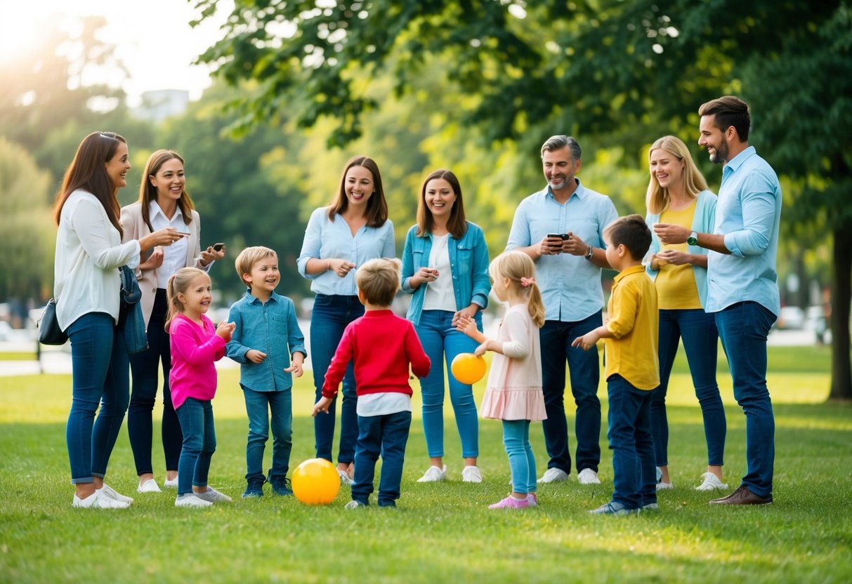 A group of parents and children gather in a park, chatting and laughing while their kids play together. Some parents exchange contact information, while others discuss future playdate plans