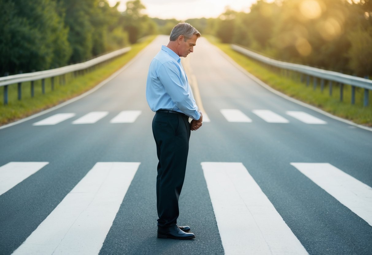 A person standing at a crossroads with multiple paths leading in different directions, looking contemplative and unsure