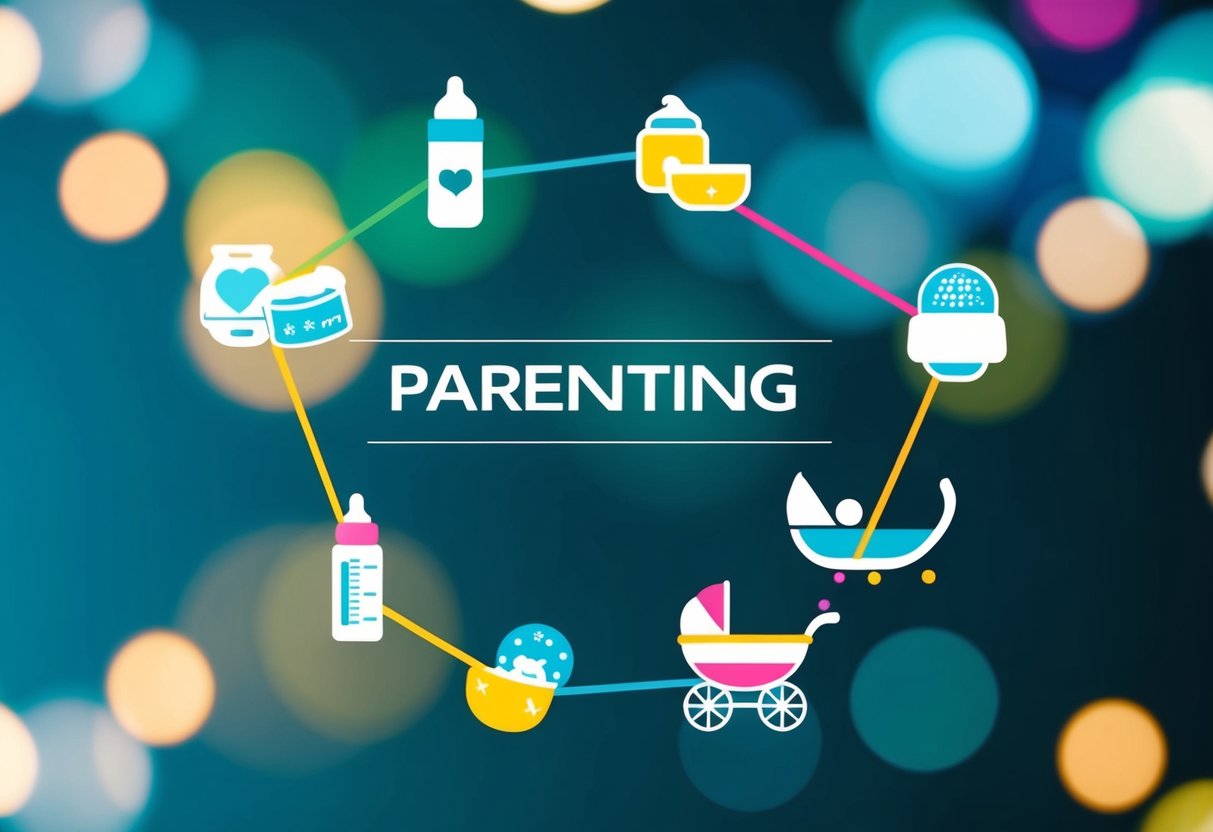 A group of diverse symbols representing parenting (baby bottle, diaper, stroller, etc.) connected by colorful lines on a digital platform