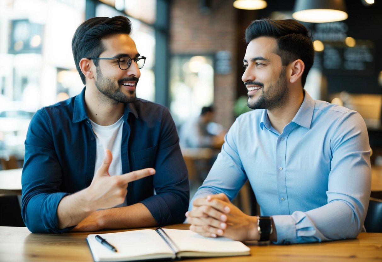 Two colleagues sitting at a coffee shop, one gesturing and the other listening attentively. A notebook and pen on the table