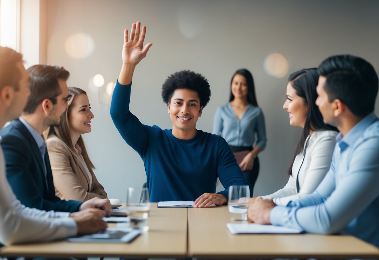 A person sitting at a table surrounded by others, raising their hand to ask for help. The atmosphere is supportive and collaborative