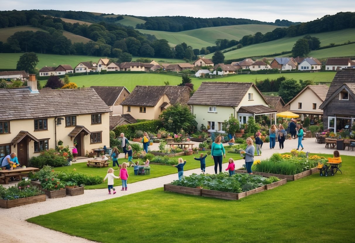 A serene village nestled among rolling hills, with cozy homes, a bustling market, and a community garden. Children play and parents gather, creating a supportive network for the parenting journey