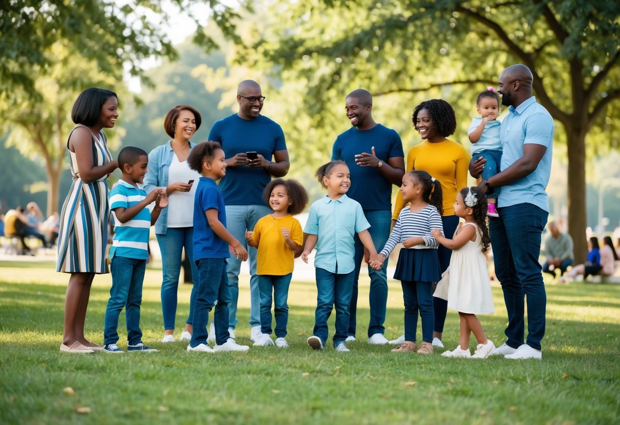 A group of diverse families gather in a park, children playing and adults chatting. A sense of community and support is evident as parents connect and share experiences