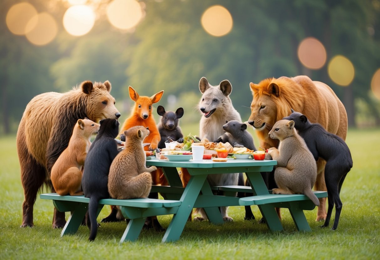 A group of diverse animals gather around a picnic table, sharing food and laughter while their young play together in the background