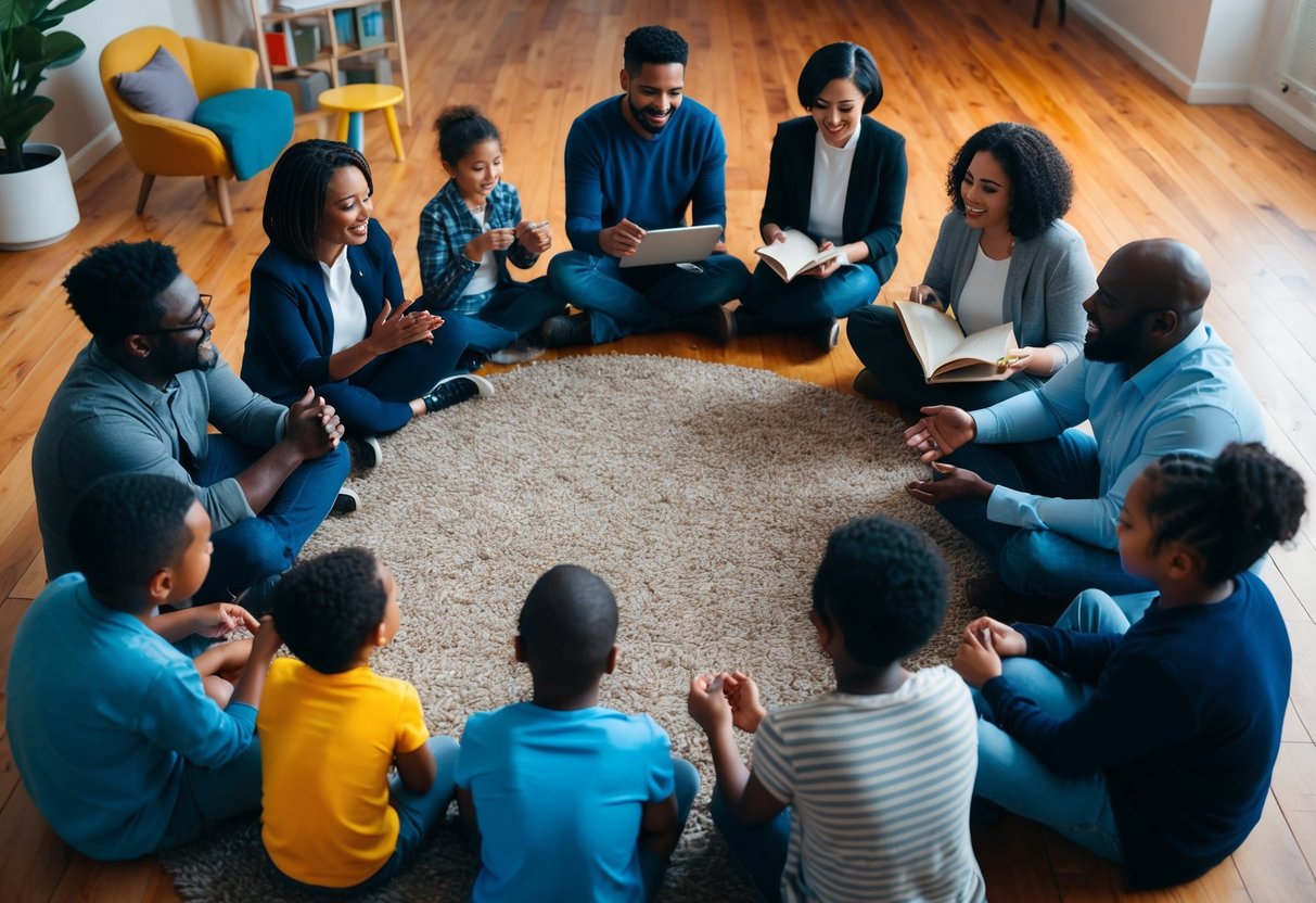 A diverse group of people gathered in a circle, sharing stories and advice, while children play nearby. The atmosphere is warm and supportive, with a sense of community and connection