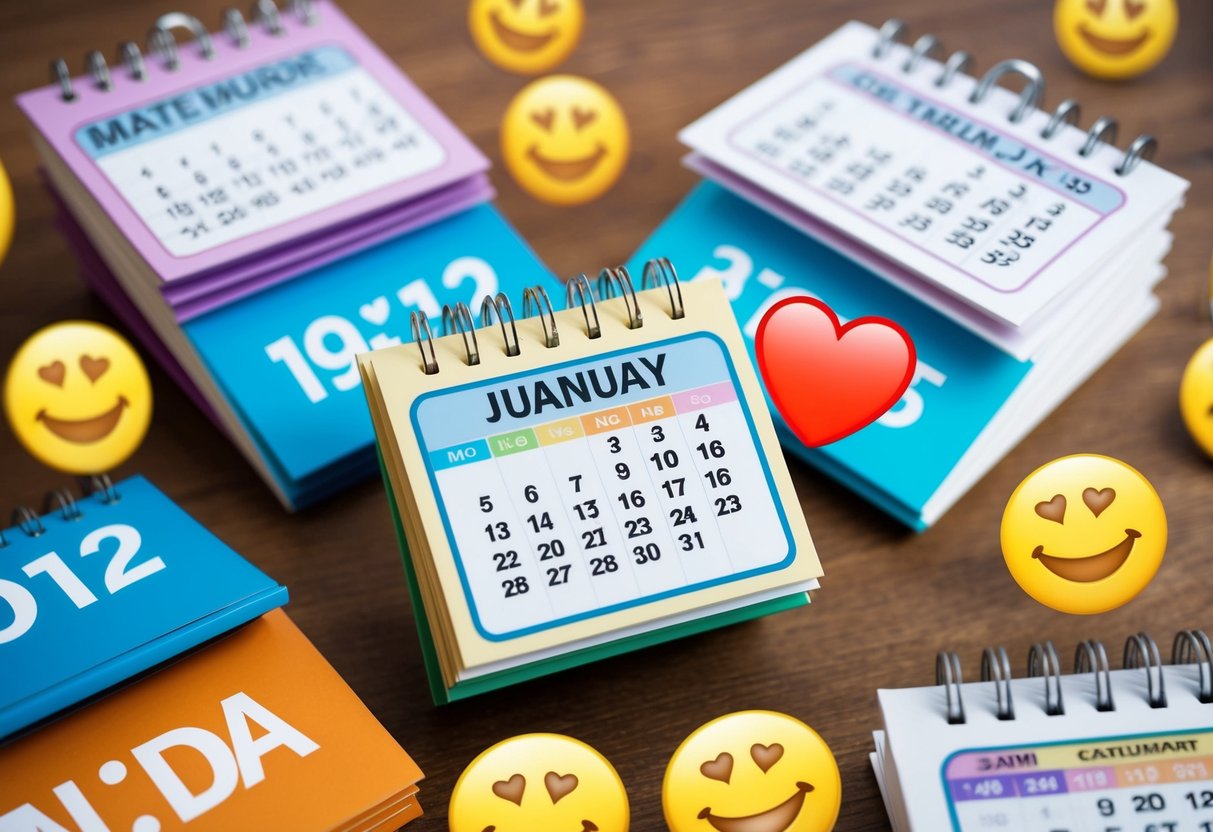 A group of colorful calendars with dates circled, surrounded by smiling emojis and heart symbols