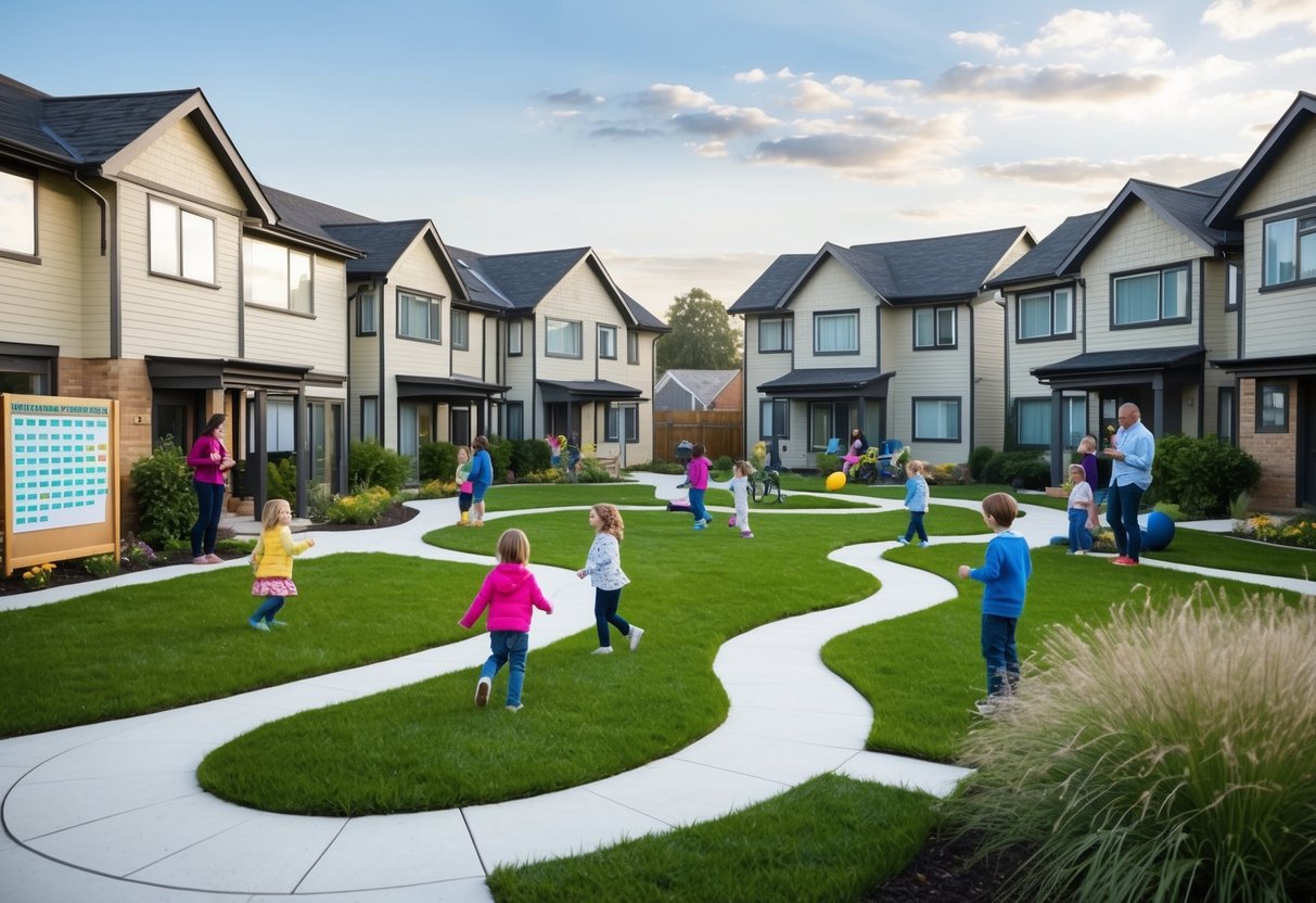 A group of houses connected by winding paths, with children playing and adults chatting in a communal garden. A bulletin board displays a schedule for babysitting swaps