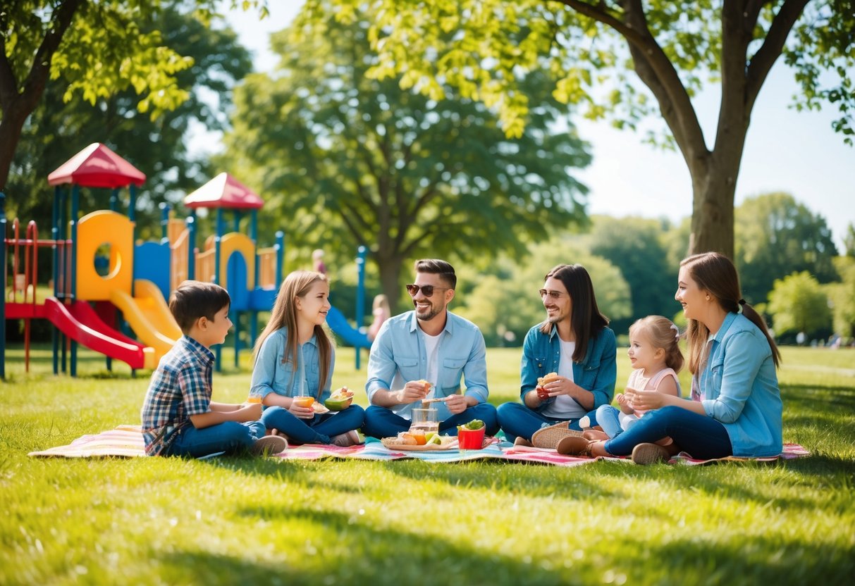 A group of friends and their children enjoying a picnic in a sunny park, surrounded by trees and colorful playground equipment