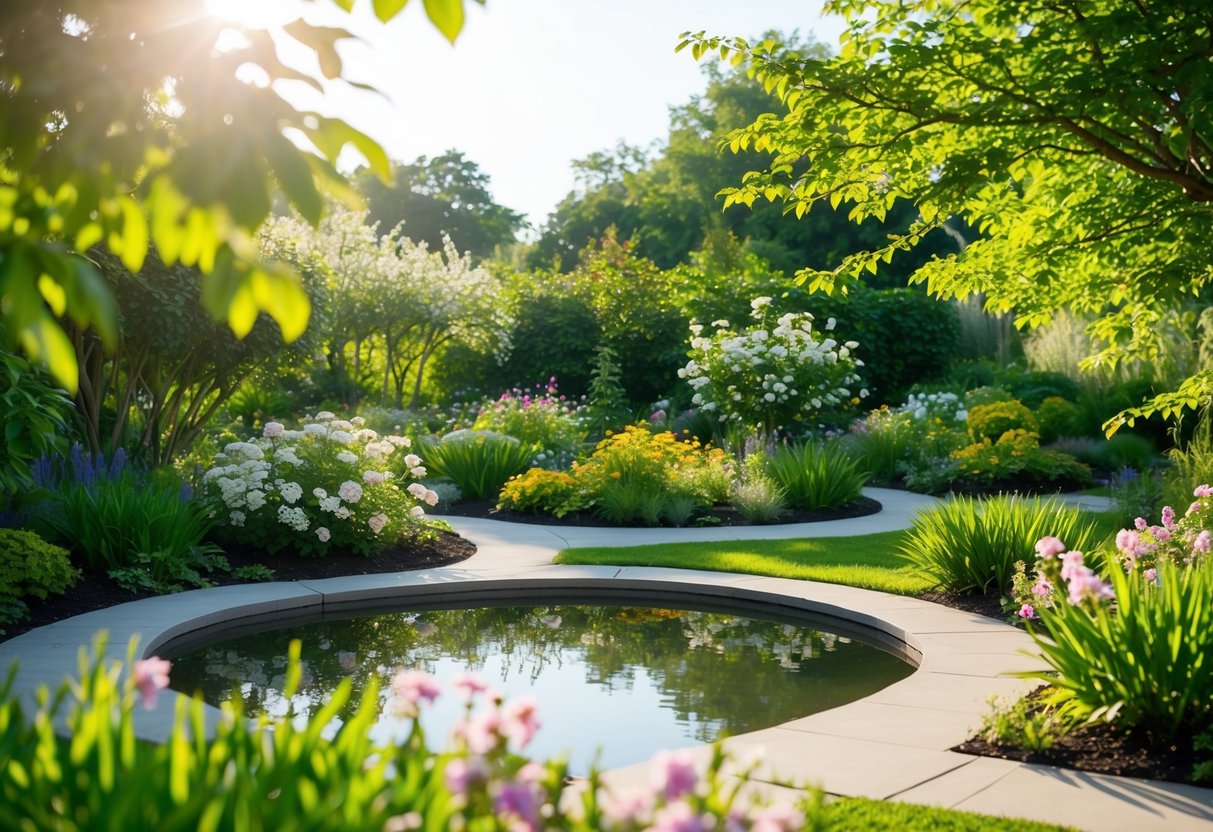 A serene garden with a winding path, blooming flowers, and a peaceful pond surrounded by lush greenery. A soft breeze rustles the leaves as the sun gently illuminates the tranquil setting