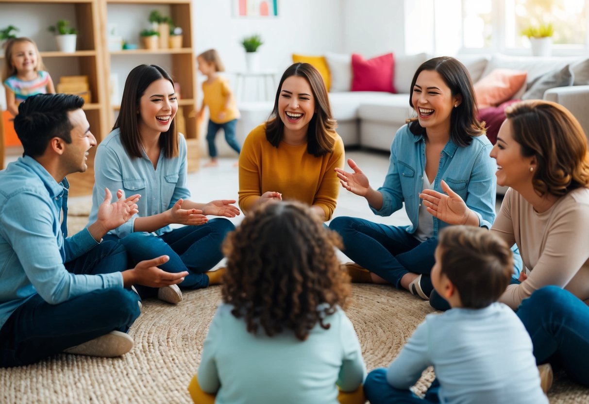 A group of friends sitting in a circle, laughing and sharing parenting tips while their children play in the background