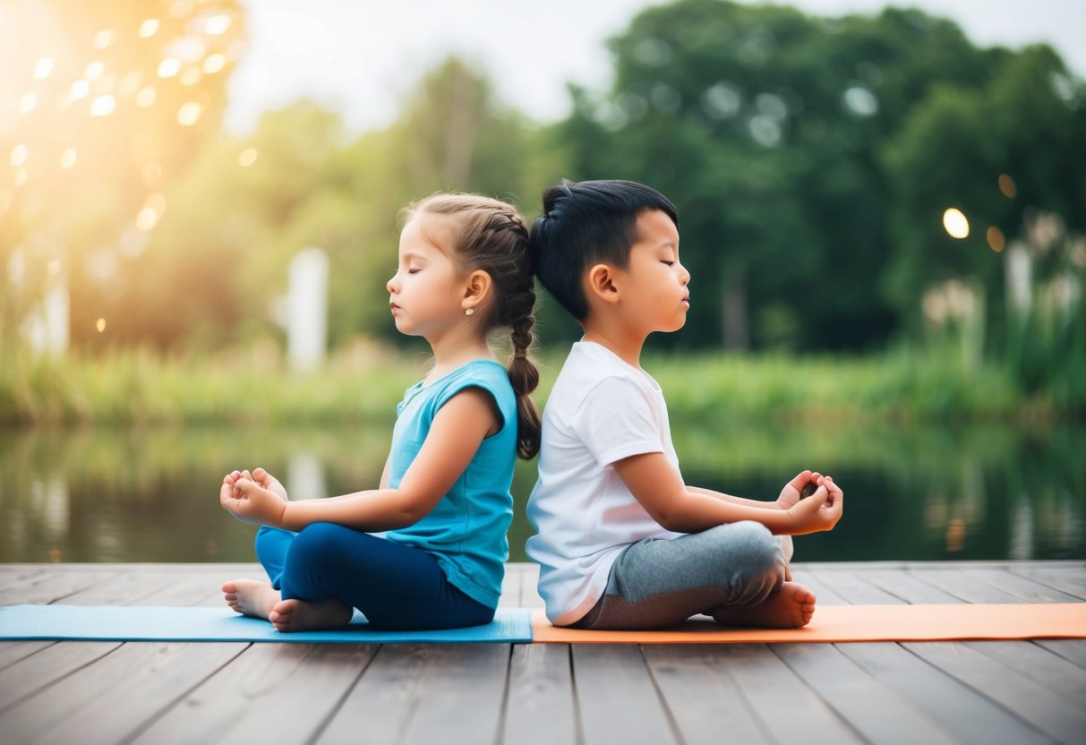 A parent and child sit facing each other, eyes closed, practicing deep breathing exercises together in a calm and serene environment