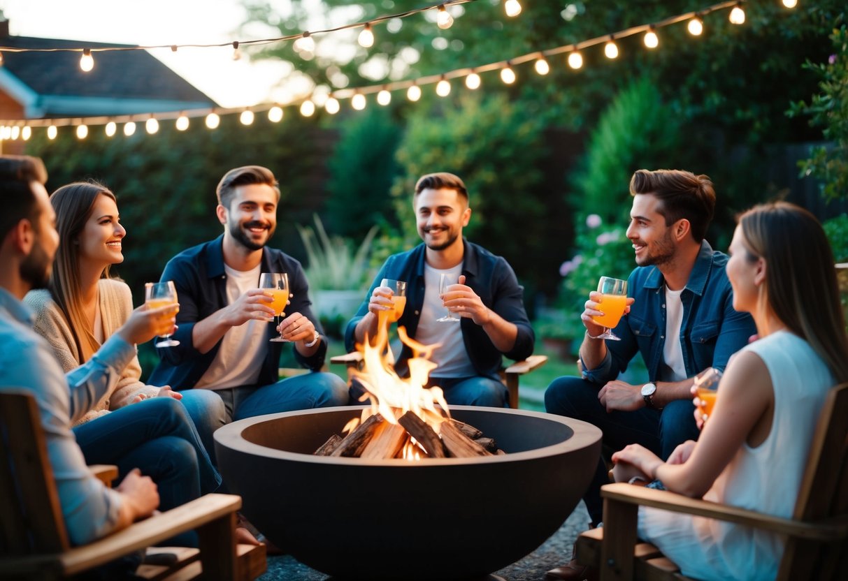 A group of friends enjoying a quiet evening together, sipping drinks and chatting around a cozy fire pit in a backyard garden