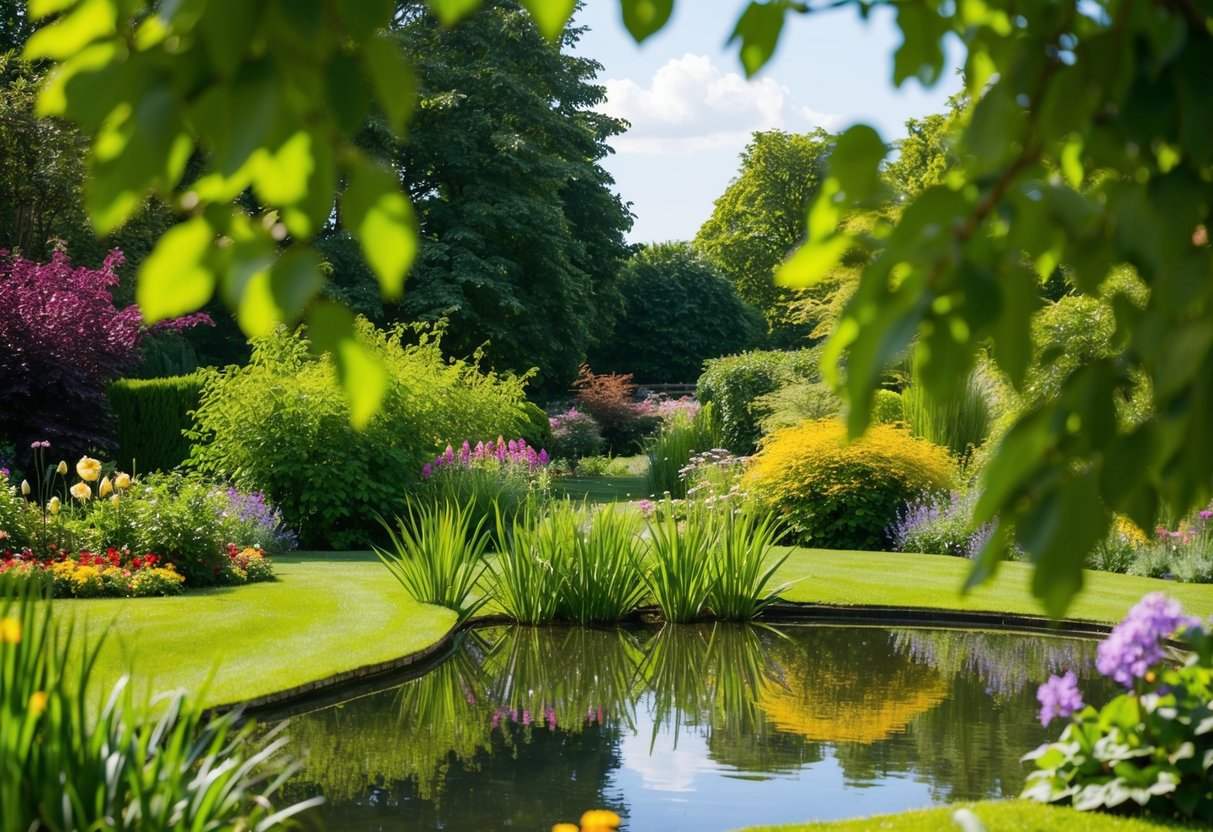 A serene garden with a peaceful pond, surrounded by lush greenery and colorful flowers, with a gentle breeze rustling the leaves