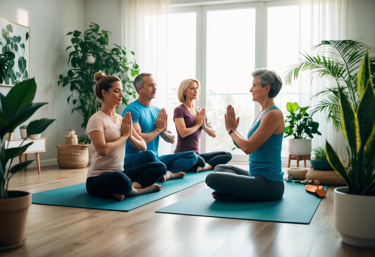 A family of four practices yoga together in a peaceful, sunlit room surrounded by plants and calming decor