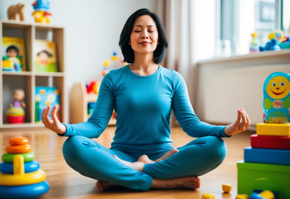 A parent sitting cross-legged, surrounded by toys and children's books, with a serene expression while engaging in mindful breathing exercises