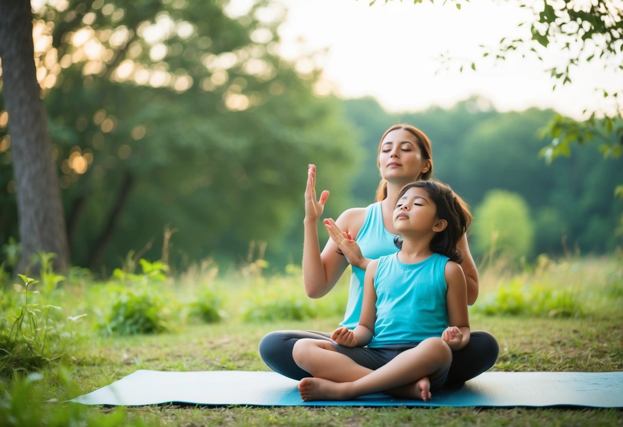 A serene outdoor setting with a parent and child engaged in deep breathing exercises, surrounded by nature and calmness