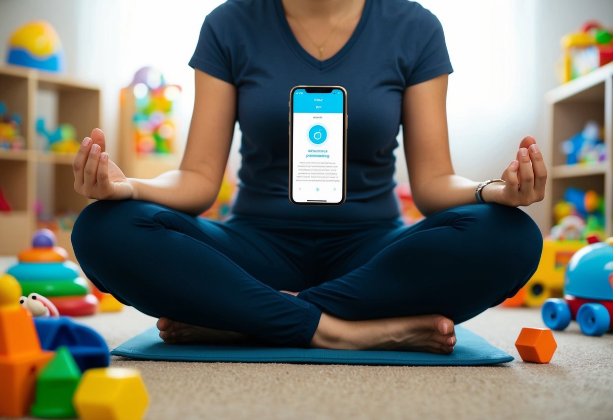 A parent sits cross-legged, surrounded by toys and a chaotic environment. A smartphone displays a guided meditation app, while the parent takes deep breaths and tries to find moments of mindfulness amidst the chaos