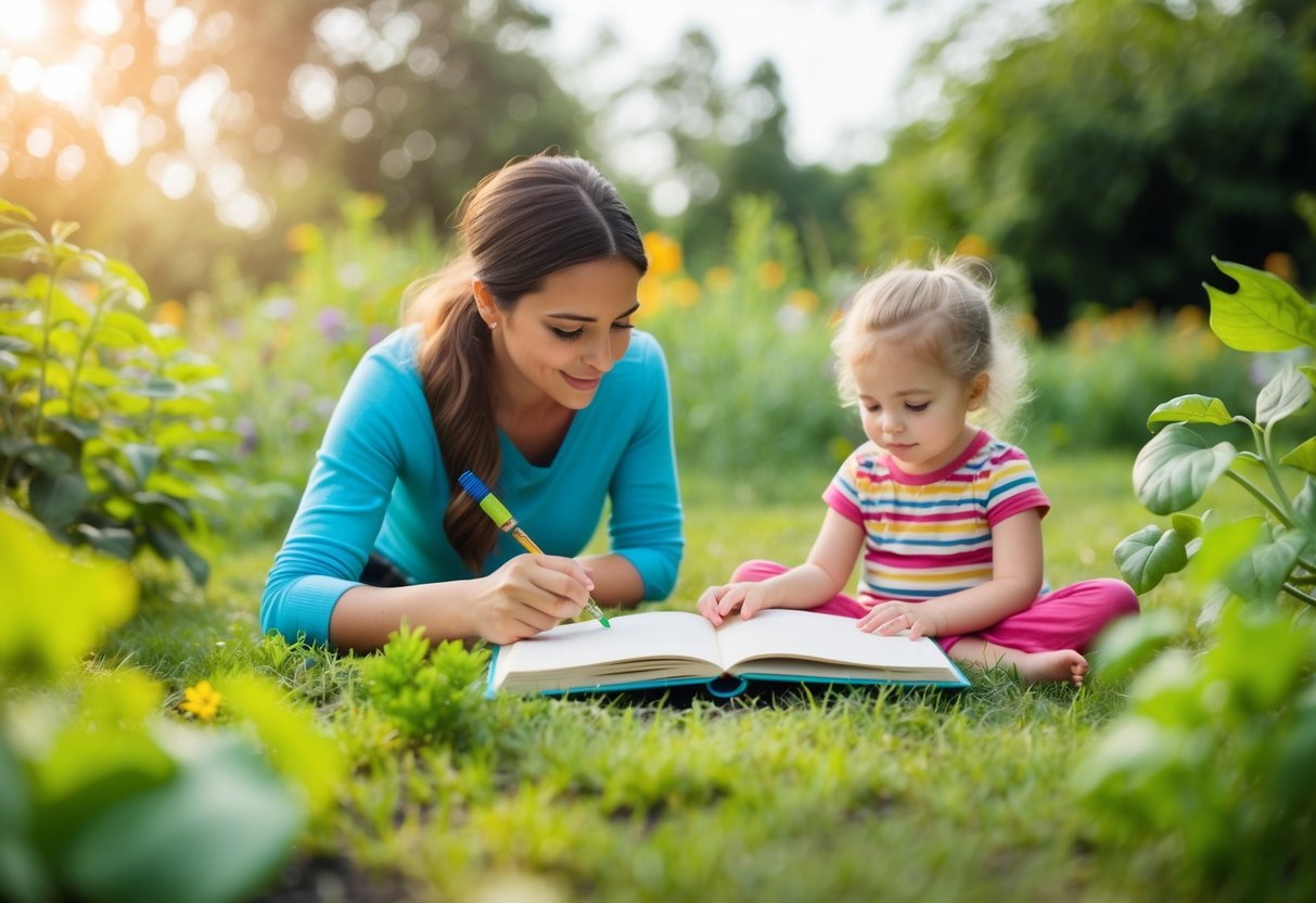 A child's journal surrounded by nature, with a parent and child practicing mindfulness together through activities like gardening and meditation