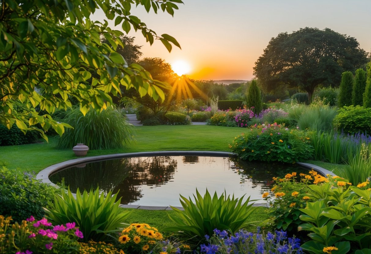 A serene garden with a tranquil pond, surrounded by lush greenery and colorful flowers. A gentle breeze rustles the leaves as the sun sets, casting a warm glow over the scene