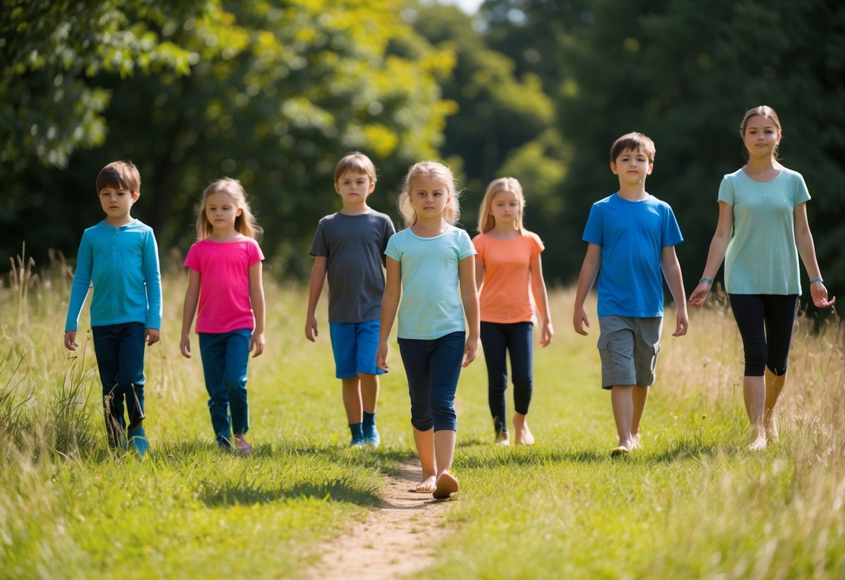 A group of children and adults walk mindfully through a peaceful natural setting, focusing on their surroundings and breathing