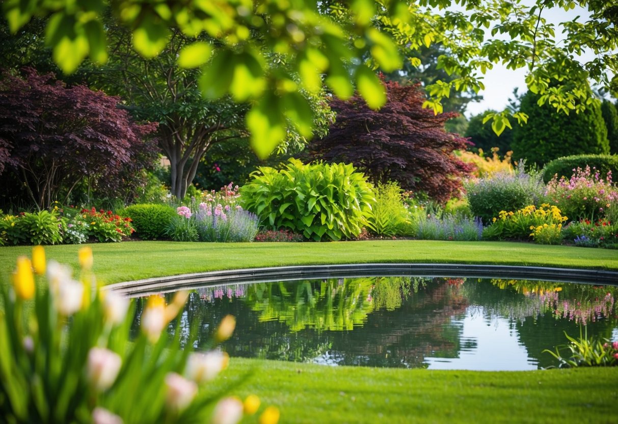 A serene garden with a peaceful pond, surrounded by lush trees and colorful flowers. A gentle breeze rustles the leaves, creating a sense of tranquility and calm