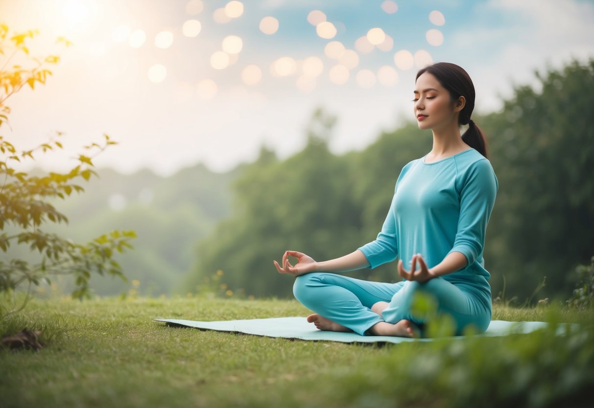 A serene setting with a calm atmosphere, featuring a person meditating in a peaceful environment surrounded by nature