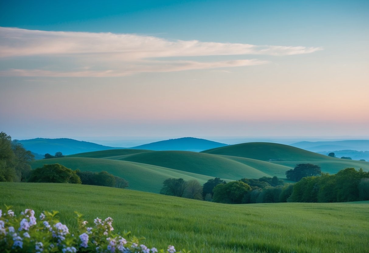 A serene landscape with a calm, blue sky and gentle rolling hills, surrounded by lush greenery and blooming flowers