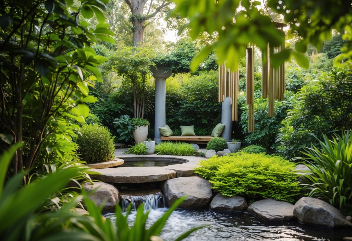 A serene garden with a peaceful atmosphere, featuring a secluded spot for meditation surrounded by lush greenery and calming elements like flowing water and gentle wind chimes