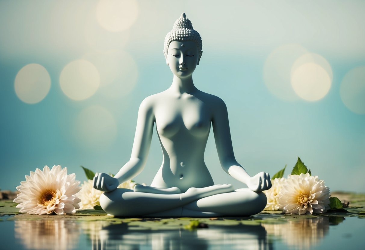 A serene figure meditates in a peaceful, natural setting, surrounded by gentle, calming elements such as flowers, water, and soft light