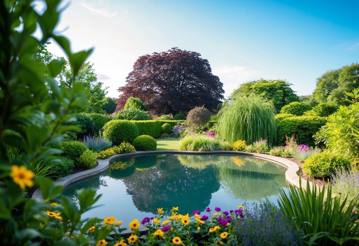 A serene garden with a peaceful pond, surrounded by lush greenery and colorful flowers, with a clear blue sky above