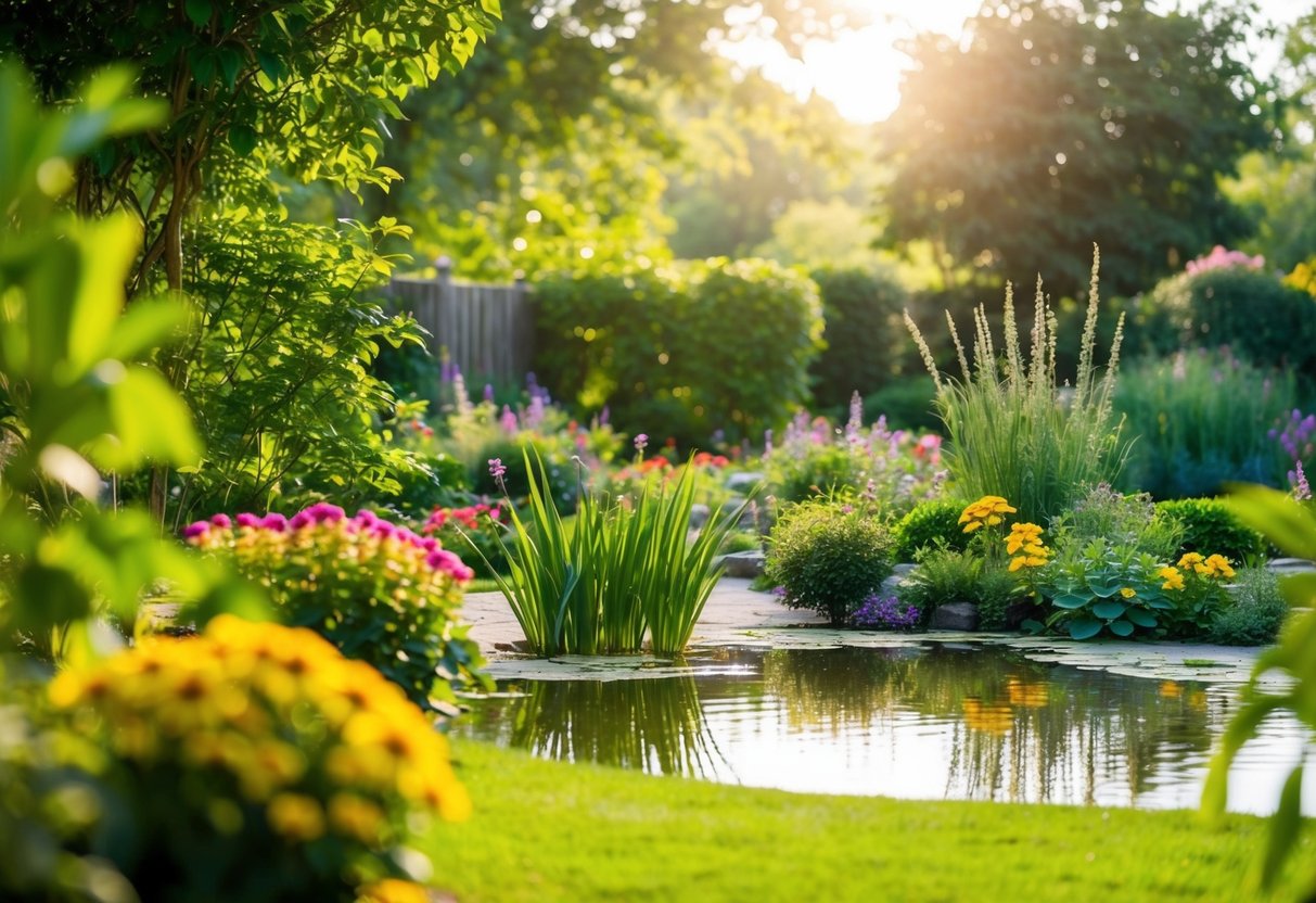 A serene garden with a peaceful pond, surrounded by lush greenery and colorful flowers, with a gentle breeze and warm sunlight creating a calming atmosphere