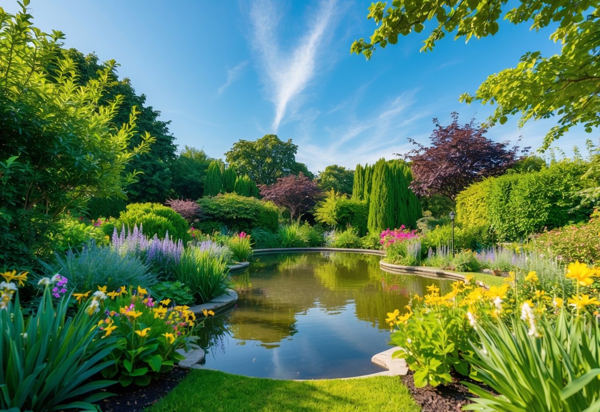 A serene garden with a peaceful pond, surrounded by lush greenery and colorful flowers, with a gentle breeze and clear blue sky overhead