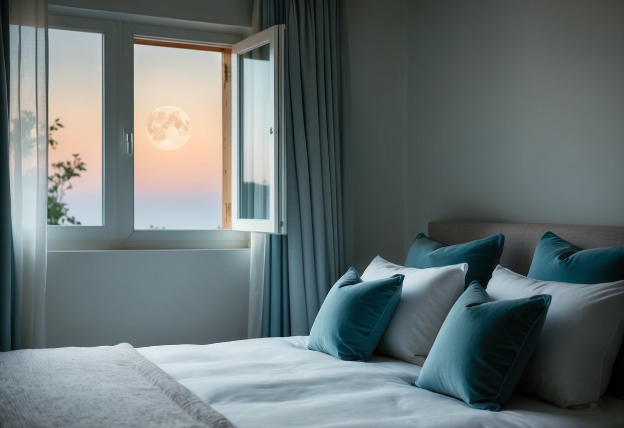 A serene, moonlit bedroom with a cozy bed, soft pillows, and a tranquil atmosphere. A gentle breeze flows through an open window, carrying the soothing sounds of nature