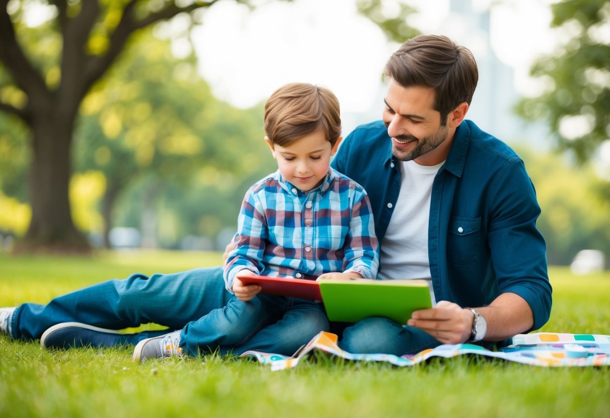 A parent and child sitting together, engaged in a shared activity such as reading, playing a board game, or having a picnic in a park