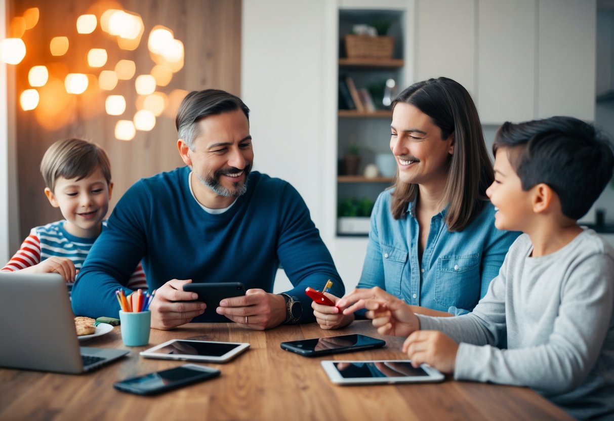 A family sitting together at a table, devices put away. Parents engaging with children through activities or conversation