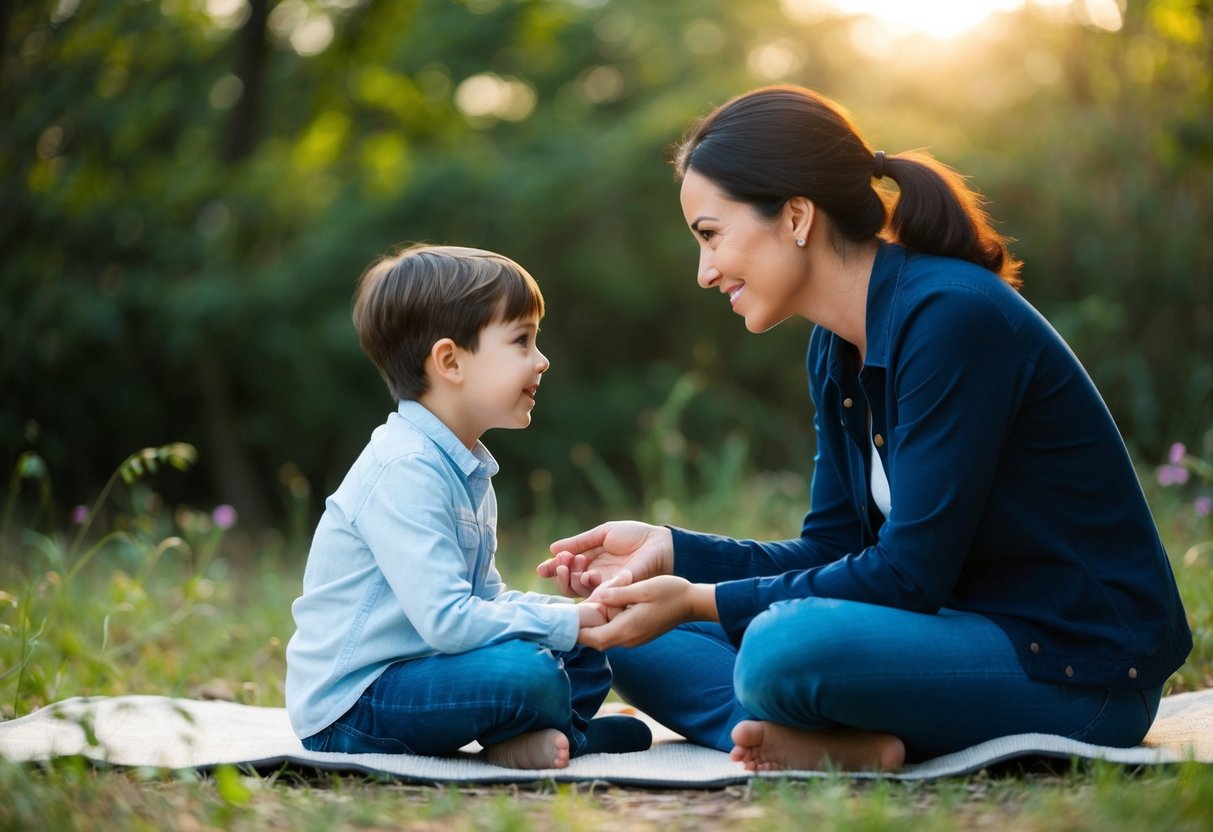 A parent and child sitting cross-legged facing each other, surrounded by nature. The parent is leaning forward, attentively listening to the child speak