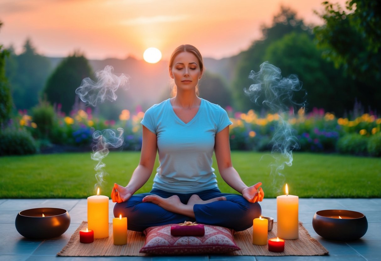 A peaceful morning sunrise over a serene garden, with a parent sitting cross-legged on a cushion, surrounded by candles and incense, focusing on their breath