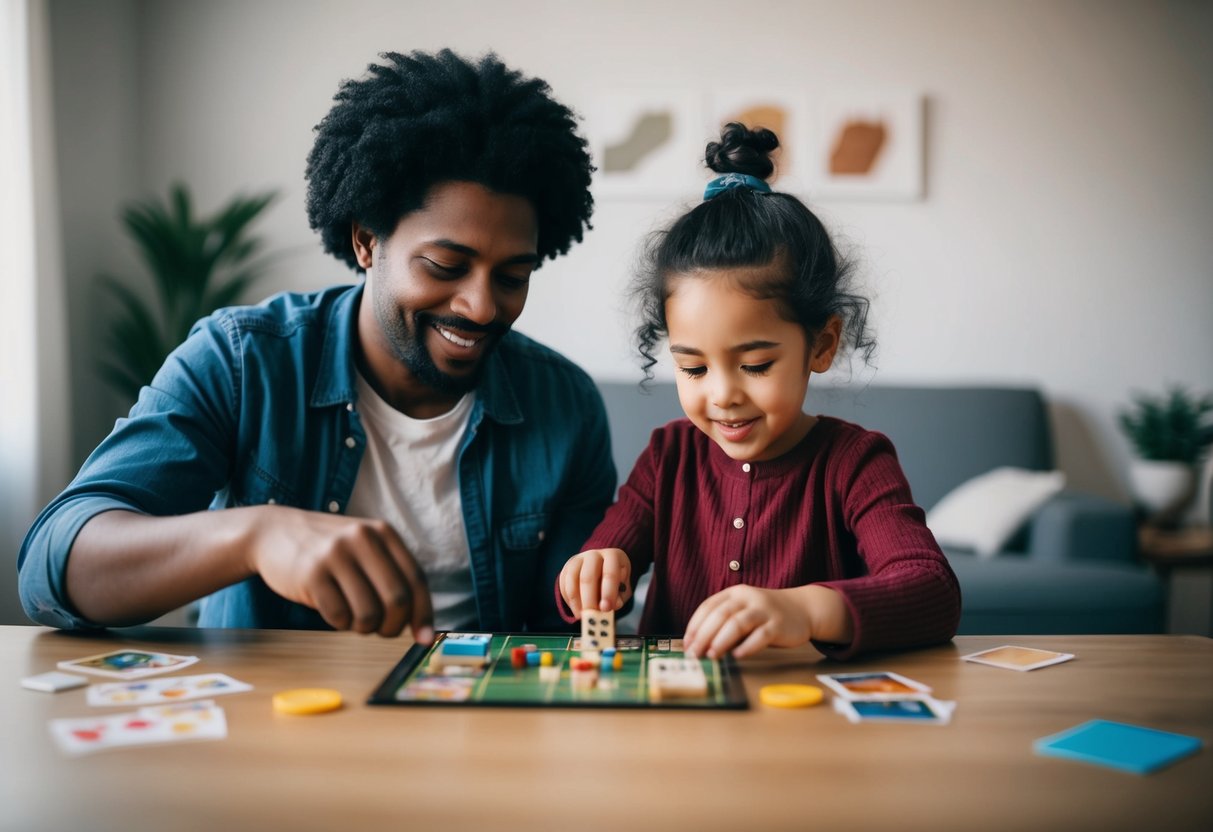 A parent and child sit together, playing a board game or doing a craft, fully engaged and focused on the activity