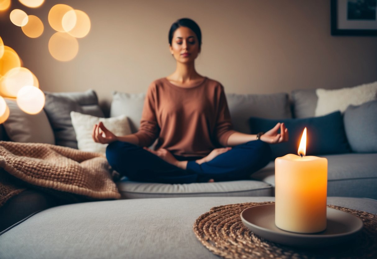 A cozy living room with soft pillows, a warm blanket, and a flickering candle on a low table. A parent sits cross-legged, eyes closed, in peaceful meditation