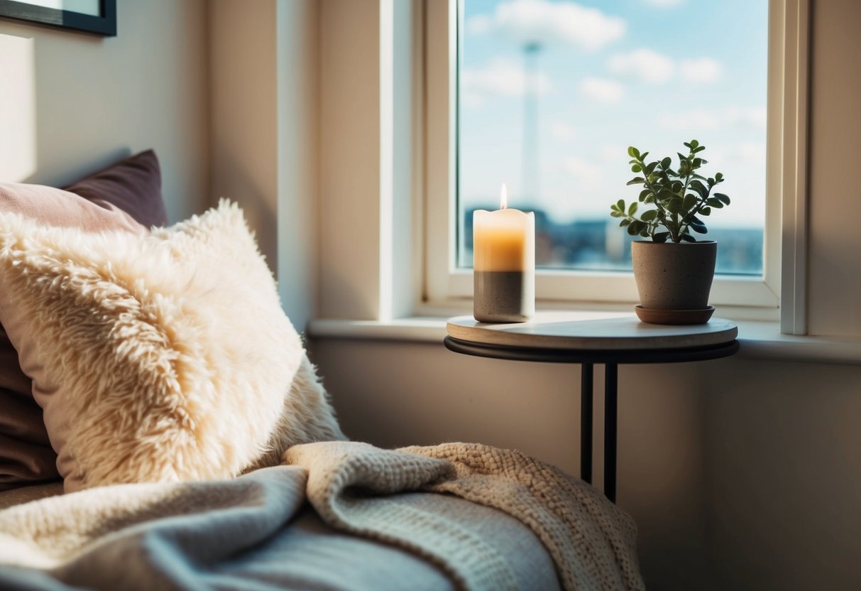 A cozy, sunlit corner with a plush cushion, soft blankets, and a small table holding a candle and a potted plant