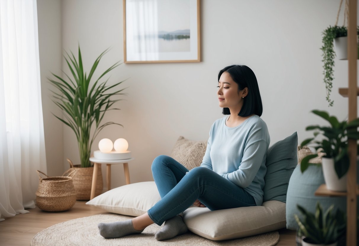 A peaceful room with soft lighting, a comfortable cushion, and a serene atmosphere. A parent sits in quiet contemplation, surrounded by calming elements like plants and soothing music