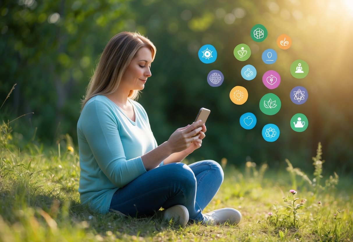 A serene parent sits surrounded by nature, using a smartphone with various mindfulness app icons on the screen