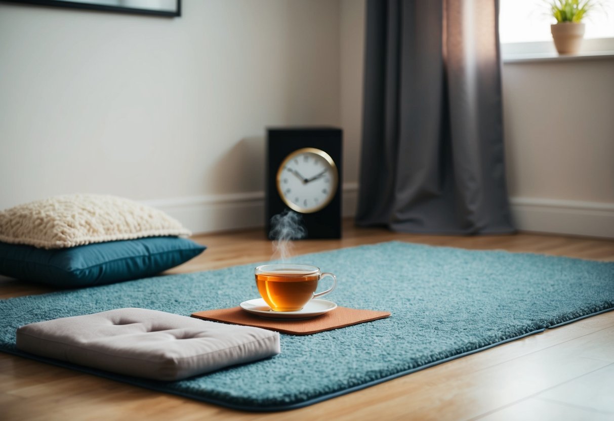 A cozy living room with a soft rug, a cushioned meditation mat, and a warm cup of tea on a small table. A clock on the wall shows the consistent time for daily meditation